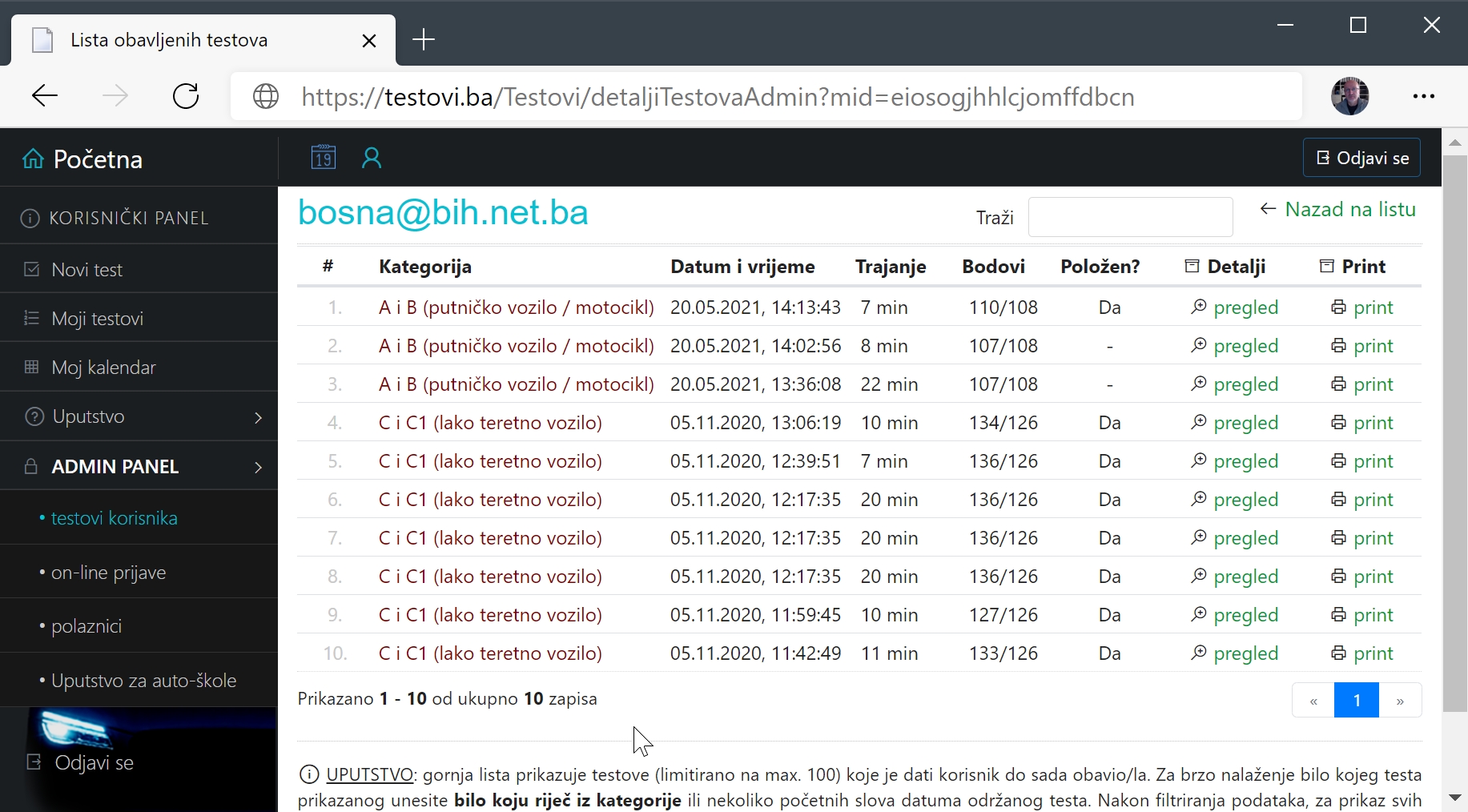 <b>testovi.ba</b><br/>pregled i printanje urađenih testova