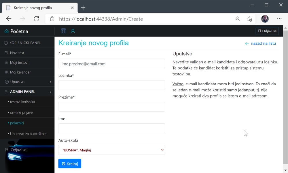 <b>testovi.ba</b><br/>kreiranje novog korisnika